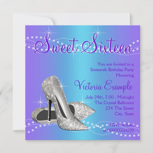 Invitation Fête Sweet 16 Violet et Bleu Sarcelle (Devant)