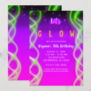 Invitation Fête Sweet 16 Violet Rose Néo Rose Néo Vert