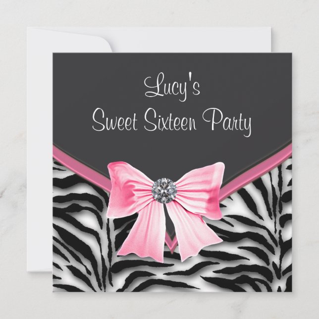 Invitation Fête Sweet 16 Zèbre Noir Blanc Rose (Devant)
