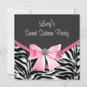Invitation Fête Sweet 16 Zèbre Noir Blanc Rose