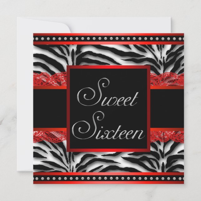 Invitation Fête Sweet 16 Zèbre Noir Blanc Rouge (Devant)