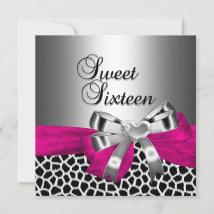 Invitation Fête Sweet Sixteen 16 ans Argent Rose Noir Girafe