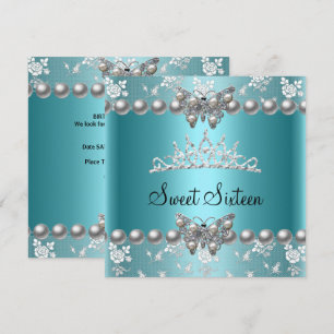 Invitation Fête Sweet Sixteen 16 ans Turquoise Perle Papillon