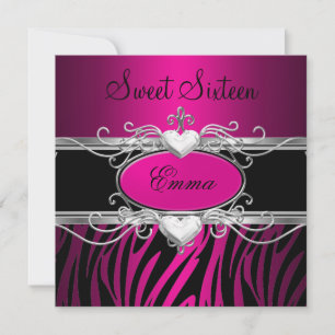 Invitation Fête Sweet Sixteen 16 Argent Rose Noir Léopard