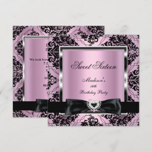 Invitation Fête Sweet Sixteen 16 Rose Damassé Argent Noir