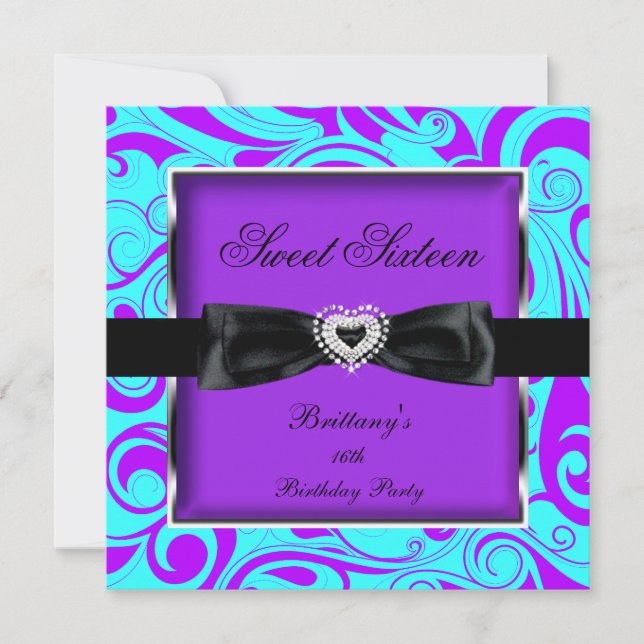 Invitation Fête Sweet Sixteen 16 Violet Turquoise Tourbillon (Devant)