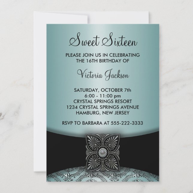 Invitation Fête Sweet Sixteen Damask Bleu sarcelle Noir (Devant)