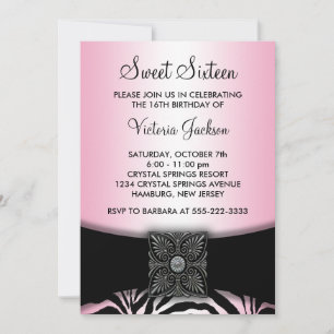 Invitation Fête Sweet Sixteen rayée rose et noir