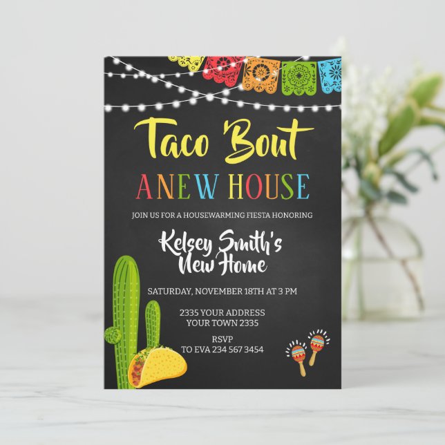 Invitation Fête Taco sur une nouvelle maison Pendaison de cré (Debout devant)