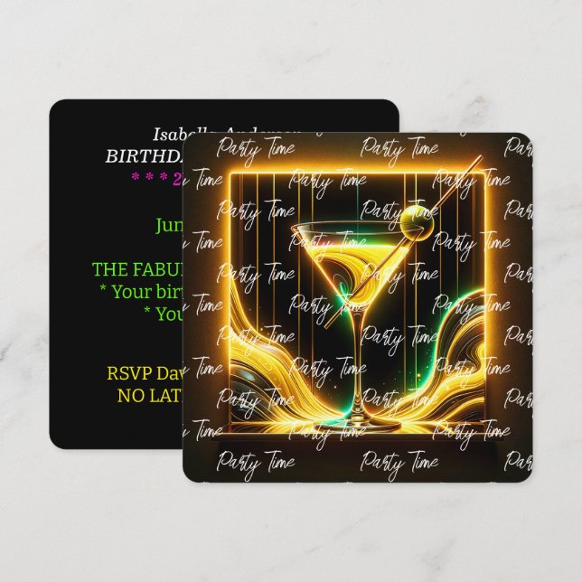 Invitation Fête tendance Heure Neon Personnalisé (Devant / Derrière)