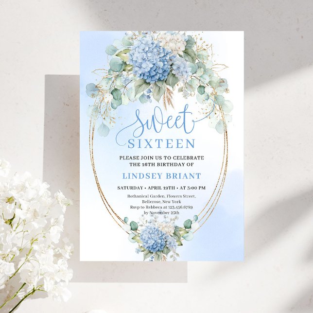 Invitation Fête Tendances Bohème Bleu Hydrangea Sweet Seize  (Trendy Boho Blue Hydrangea Sweet Sixteen Party Invite)