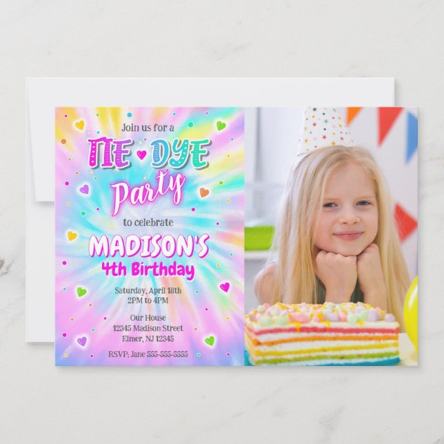 Invitation Fête Tie Dye Hippie Anniversaire Fille Couleurs Ph (Devant)
