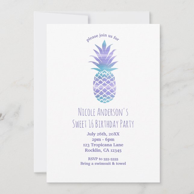 Invitation Fête Tropical Chic Aqua Sarcelle & Ananas Violet (Devant)