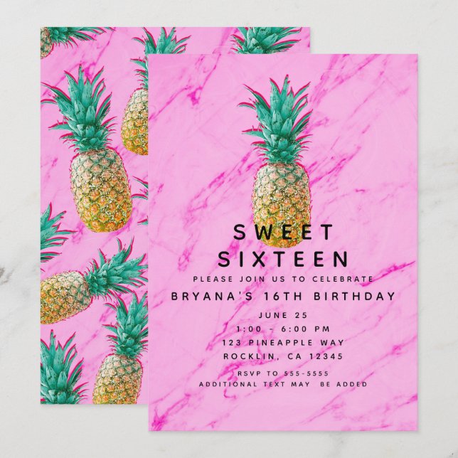 Invitation Fête Tropicale Ananas & Marbre Rose pour les 16 an (Devant / Derrière)