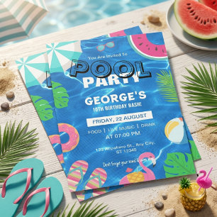 Invitation Fête Tropicale au Piscine Anniversaire Bleu Rose É