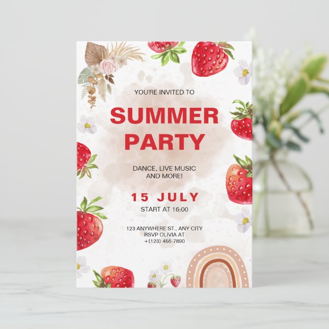 Invitation Fête Tropicale d'Eau de Boho Arc-en-Ciel de Fraise (Debout devant)