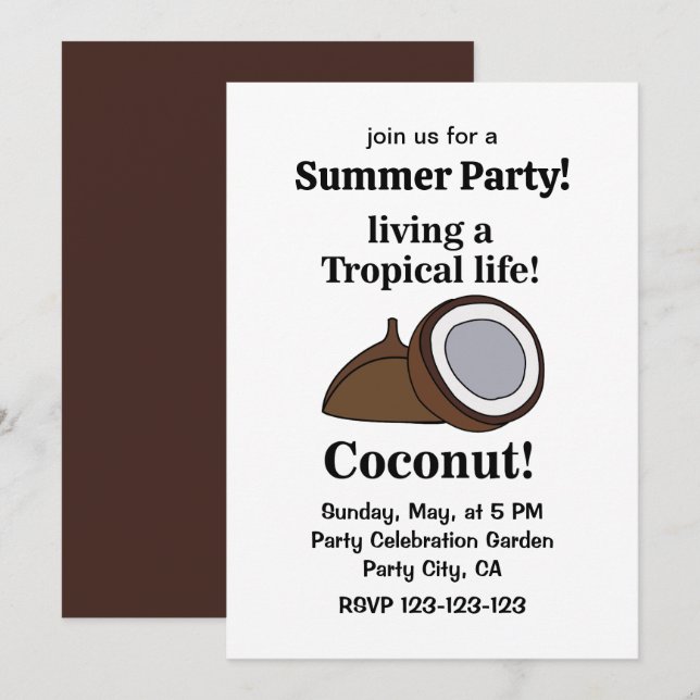 Invitation Fête tropicale d'été aux fruits de coco (Devant / Derrière)