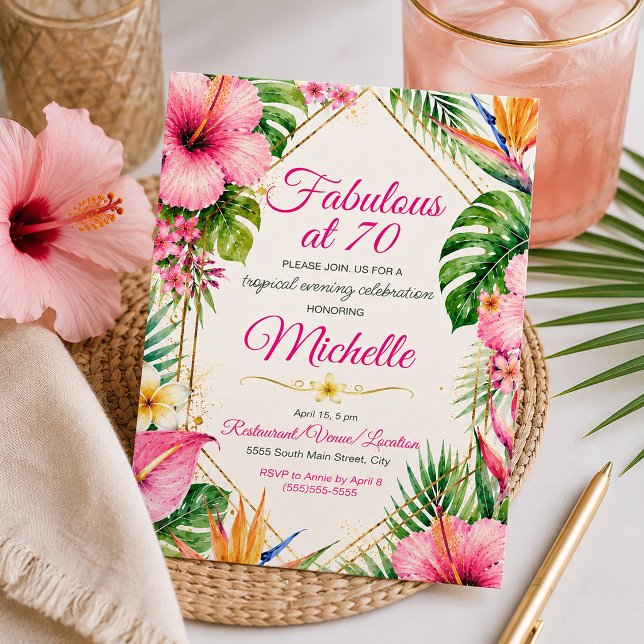 Invitation Fête tropicale hawaïenne Luau Fabuleux 70e Anniver (Tropical birthday party invitation)