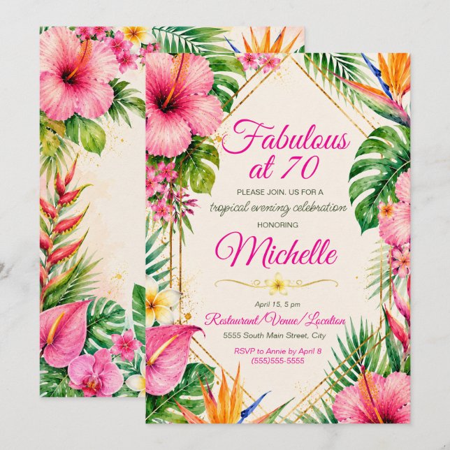 Invitation Fête tropicale hawaïenne Luau Fabuleux 70e Anniver (Devant / Derrière)