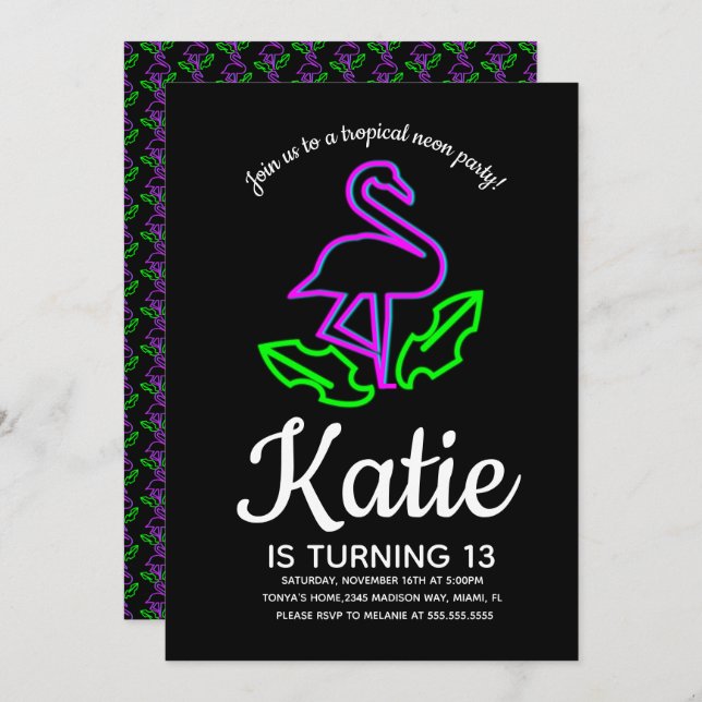 Invitation Fête Tropicale Néon Flamant Rose Glow Teen (Devant / Derrière)