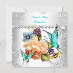 Invitation Fête turquoise du papillon Rose Peach Silver White