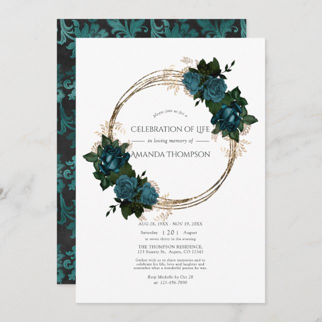 Invitation Fête turquoise et Gold Floral de la vie Photo Inv (Devant / Derrière)