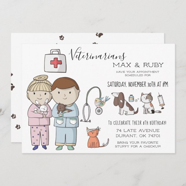 Invitation Fête vétérinaire à thème pour enfants (Devant / Derrière)