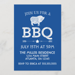 Invitation Fête Vintage BBQ Rustique Bleu