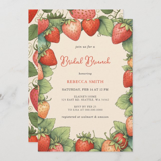 Invitation Fête vintage de brunch de la fraise (Devant / Derrière)