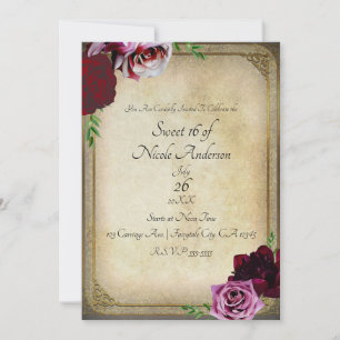 Invitation Fête Vintage Royal Fleur Rose Sombre Douze Ans