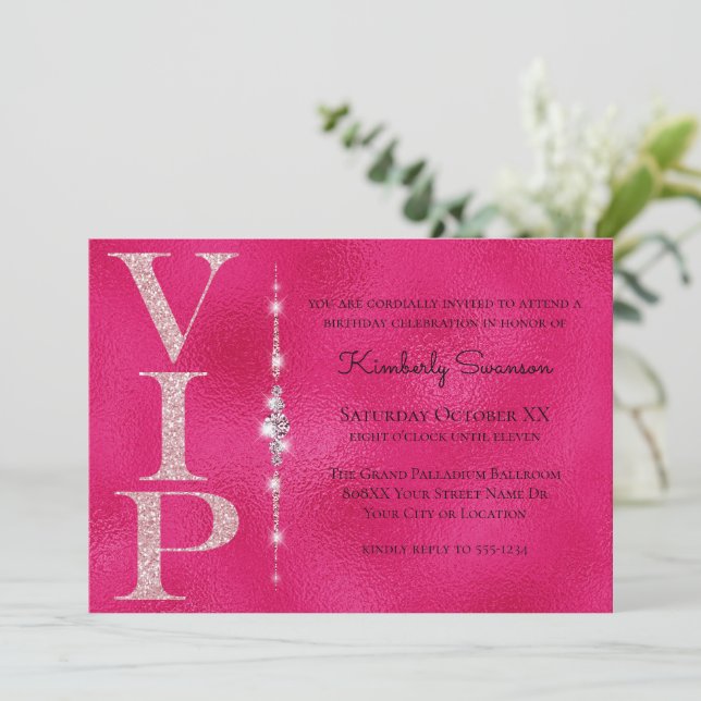 Invitation Fête VIP Glamour Diamants Rose Chaud Paillettes (Debout devant)