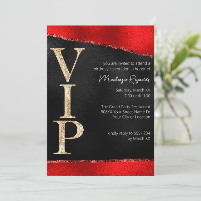 Invitation Fête VIP Glamour Pailletée Rouge et Or (Debout devant)