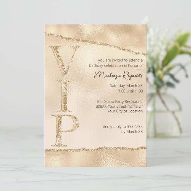 Invitation Fête VIP Glitter Glamour Or Brillante (Debout devant)