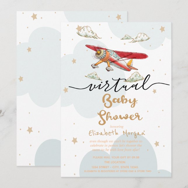 Invitation Fête Virtuelle Bébé Avion Nuages Étoiles (Devant / Derrière)