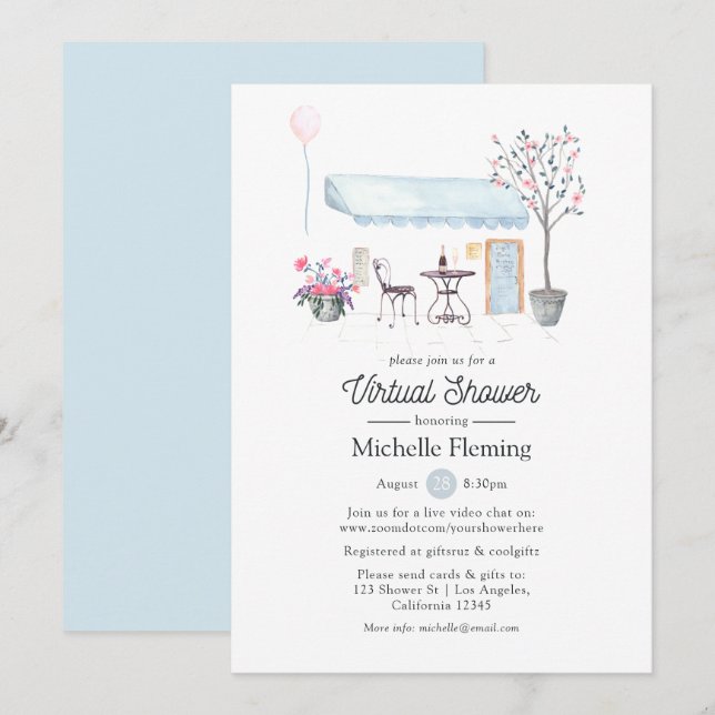 Invitation Fête virtuelle bébé ou mariage Watercolor Paris (Devant / Derrière)