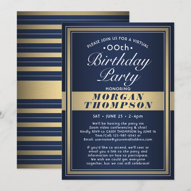 Invitation Fête virtuelle d'anniversaire Bleu marine Or & Bla (Devant / Derrière)