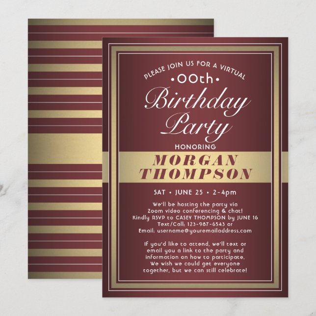 Invitation Fête virtuelle d'anniversaire Burgundy rouge or bl (Devant / Derrière)