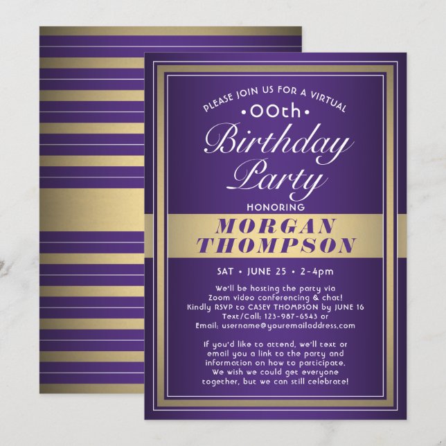 Invitation Fête virtuelle d'anniversaire pour tout âge violet (Devant / Derrière)