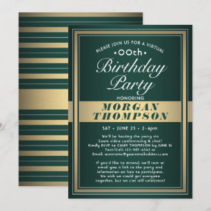Invitation Fête virtuelle d'anniversaire vert, or et blanc