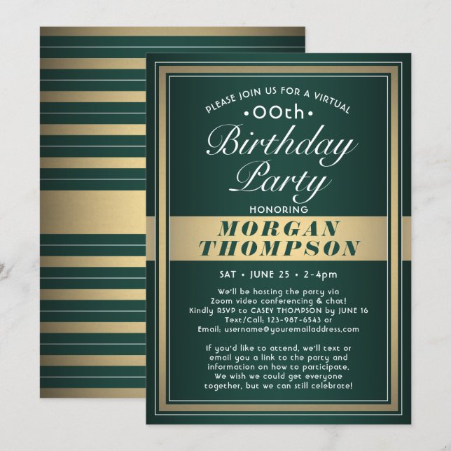 Invitation Fête virtuelle d'anniversaire vert, or et blanc (Devant / Derrière)
