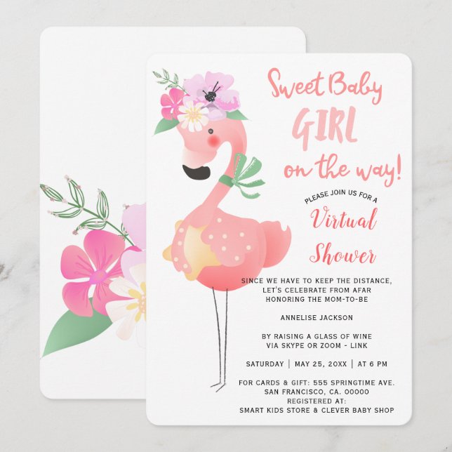 Invitation Fête virtuelle de baby shower drôle et mignonne av (Devant / Derrière)