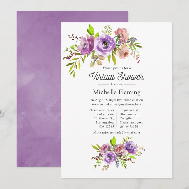 Invitation Fête virtuelle de bébé au printemps avec aquarelle (Devant / Derrière)