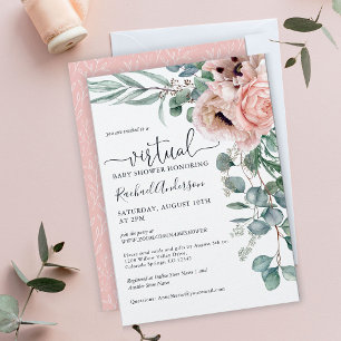 Invitation Fête virtuelle de bébé aux fleurs roses et beige