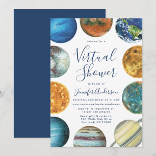 Invitation Fête Virtuelle de Bébé aux Planètes Aquarelles
