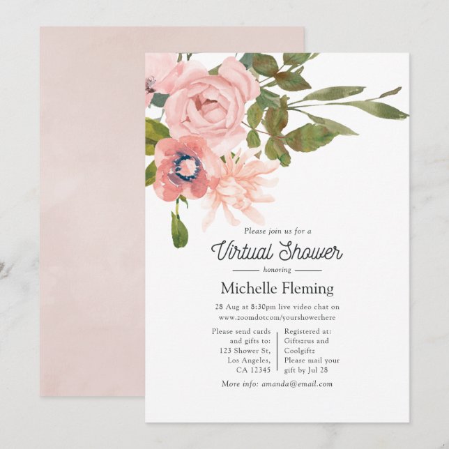 Invitation Fête virtuelle de bébé avec aquarelle rose et or r (Devant / Derrière)