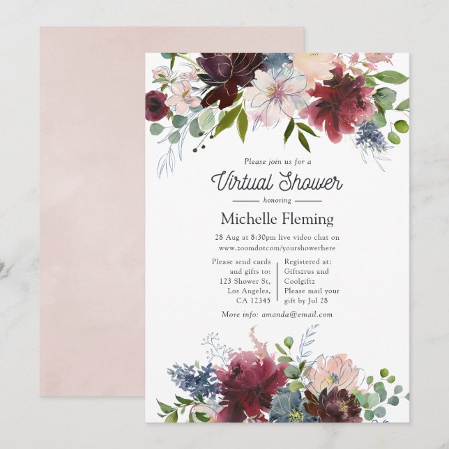 Invitation Fête virtuelle de bébé avec des fleurs en Bourgogn (Devant / Derrière)