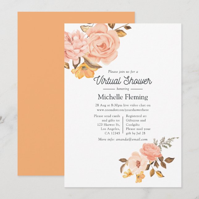 Invitation Fête virtuelle de bébé avec des fleurs roses et do (Devant / Derrière)
