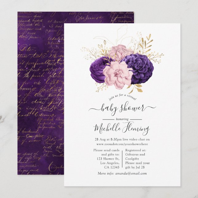 Invitation Fête virtuelle de bébé avec fleurs roses et violet (Devant / Derrière)