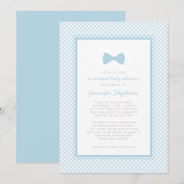 Invitation Fête virtuelle de bébé avec noeud papillon bleu à  (Devant / Derrière)