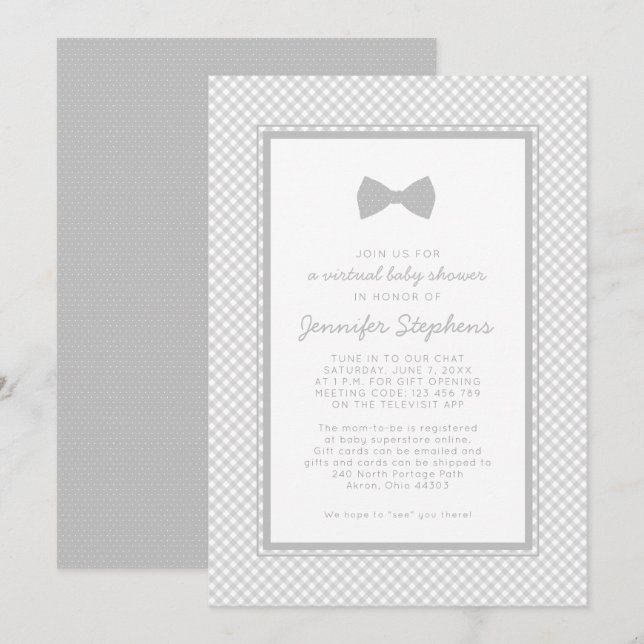 Invitation Fête virtuelle de bébé avec noeud papillon gris à  (Devant / Derrière)